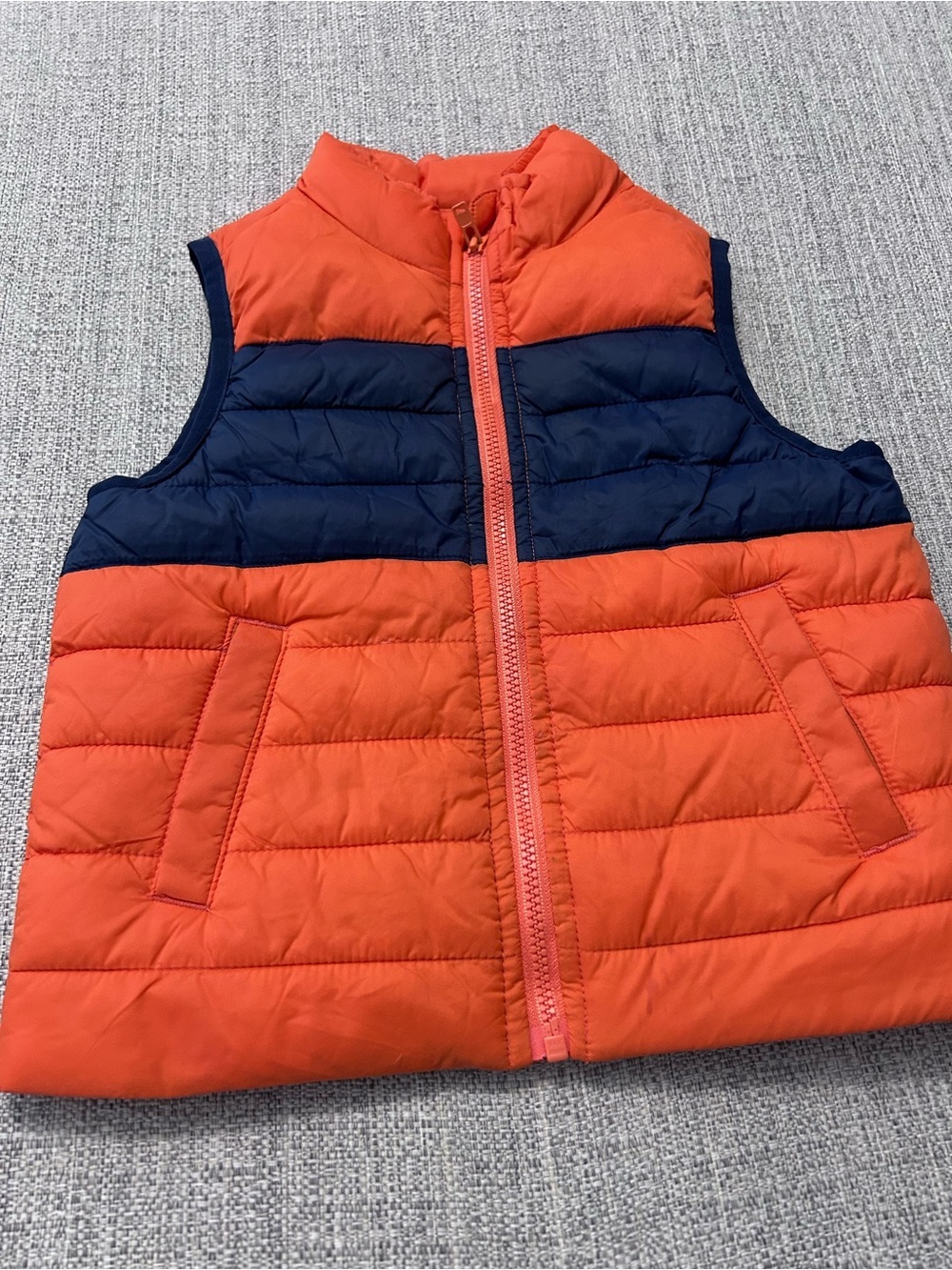 Janie and Jack Bright Orange with Navy Lined Puffer Vest. Size 2T